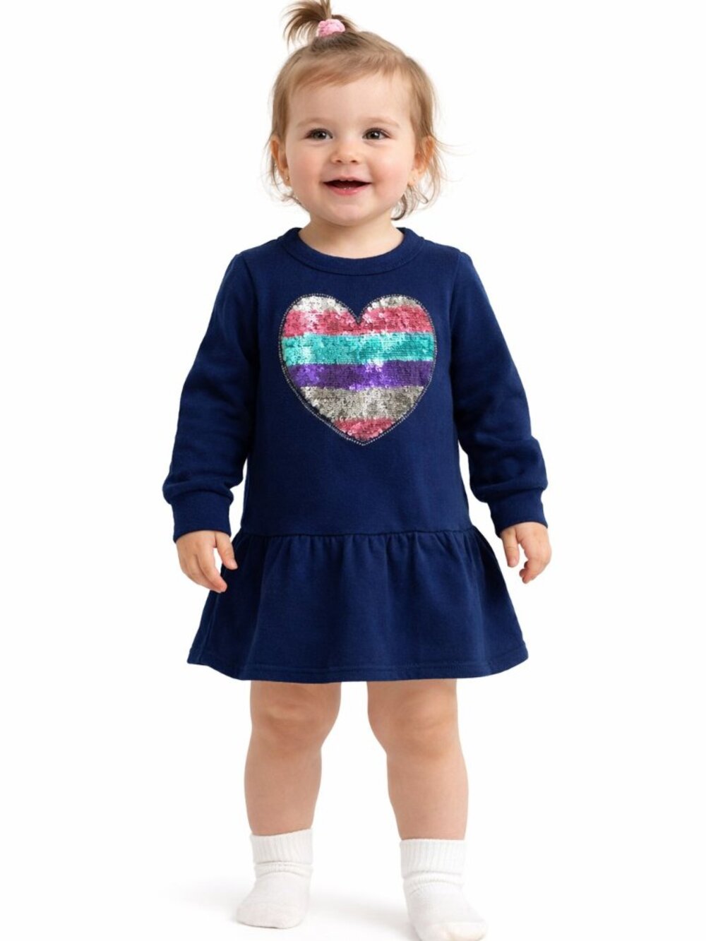 Kidtopia Peplum Sweater Dress Long Sleeve Blue Sequin Heart 18M